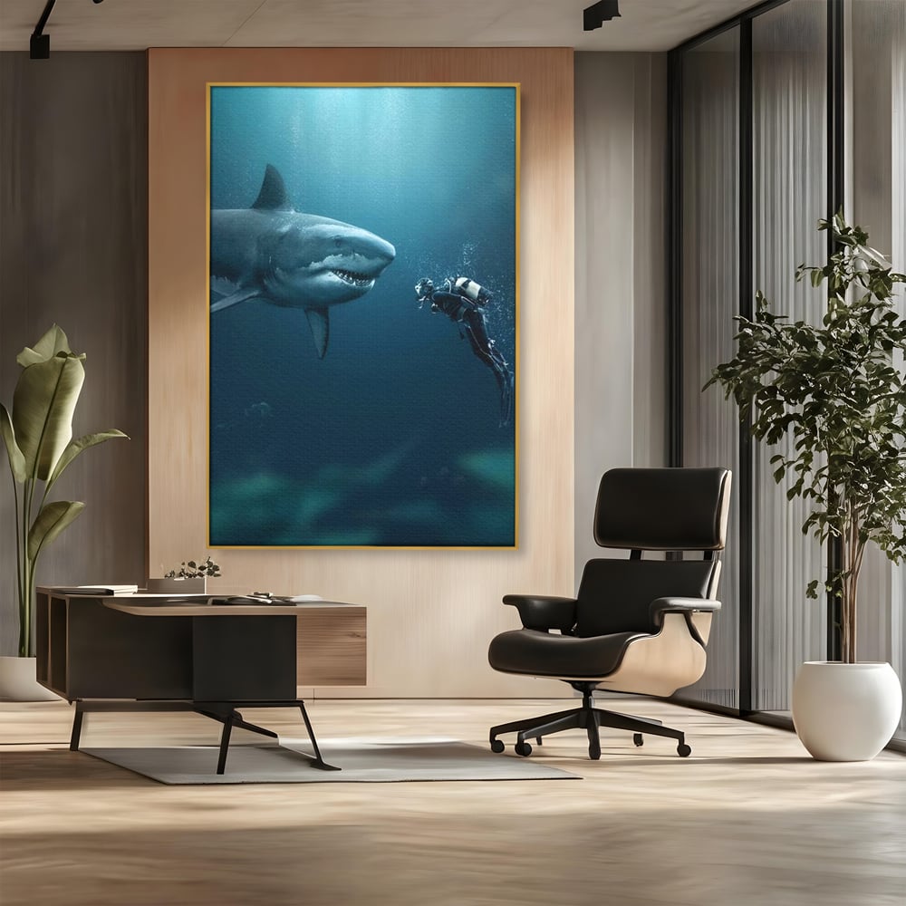 Tablou canvas cu tablou canvas cu rechin si scafandru, in rama de aluminiu auriu, pe perete intr-un birou